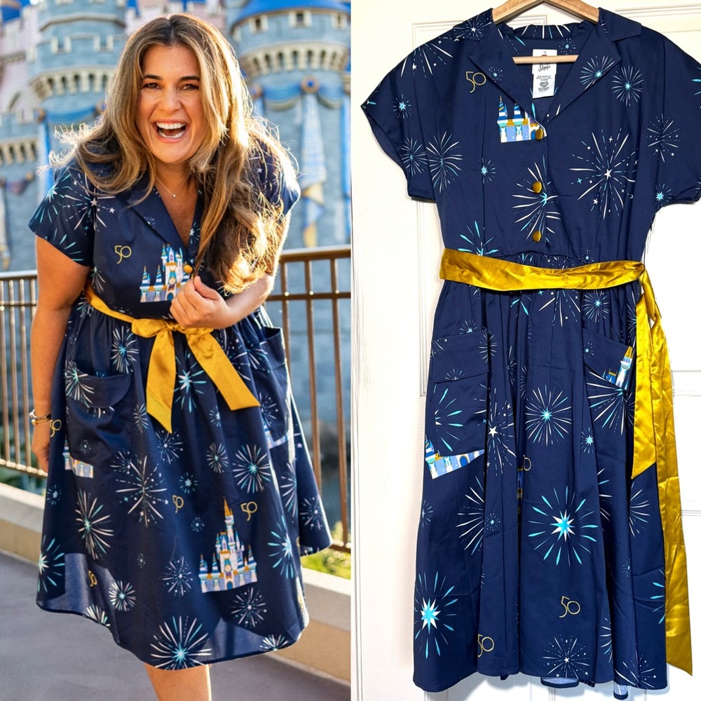 Disney Parks The Dress Shop 50th Anniversary Navy Blue Castle Dress Size S NWT
